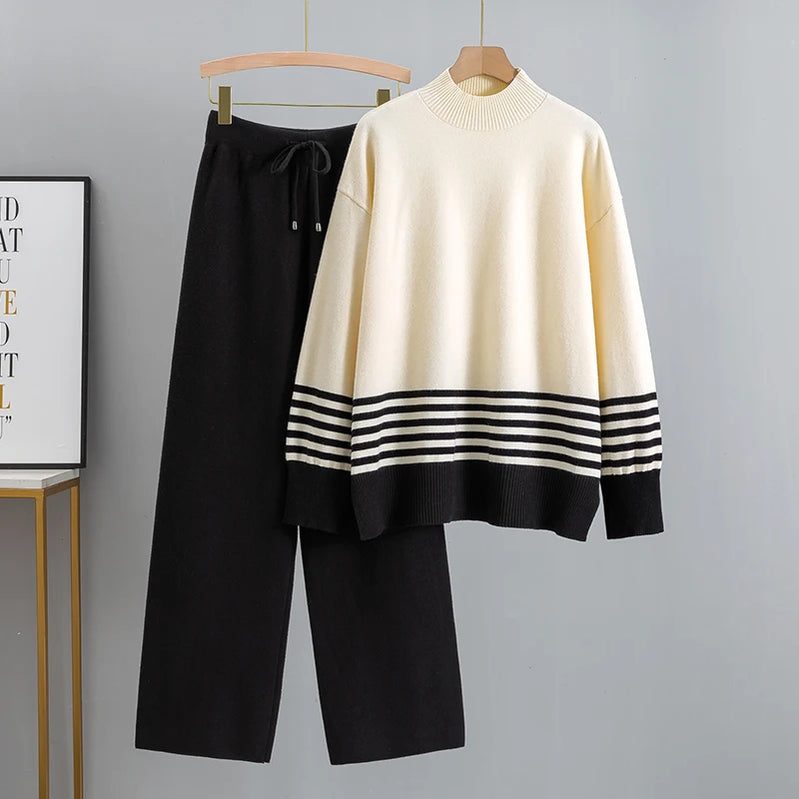GIGOGOU Euro Designer Autumn Winter Women Sweater Tracksuit 2 piece Set Oversized Ladys Knitwear + Wide Leg Pants Warm Suits color 5 One Size