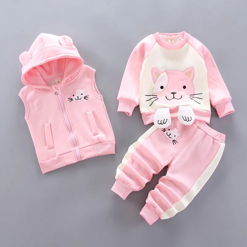 Baby Boys And Girls Clothing Set Tricken Fleece Children Hooded Outerwear Tops Pants 3PCS Outfits Kids Toddler Warm Costume Suit Pink 2