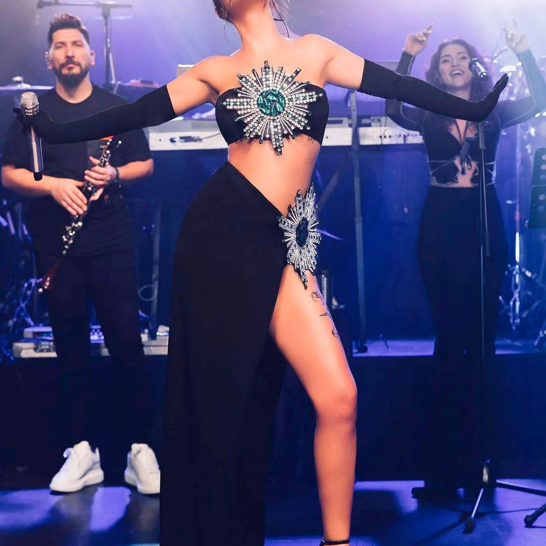 Fantasia de celebridade para performance em palco, bandagem sexy feminina, 2 peças, bodycon, vestido longo, boate, festa, aniversário