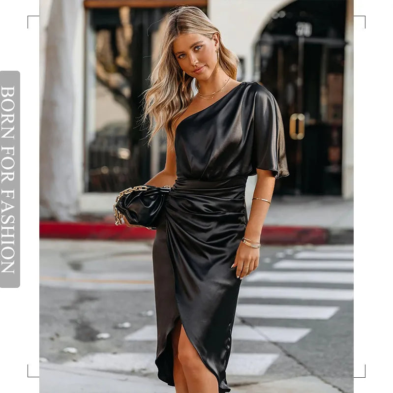 Bodycon Sexy Party Silk Hoot Satin Satin платье черные женщины с коротким рукавом на один плеч