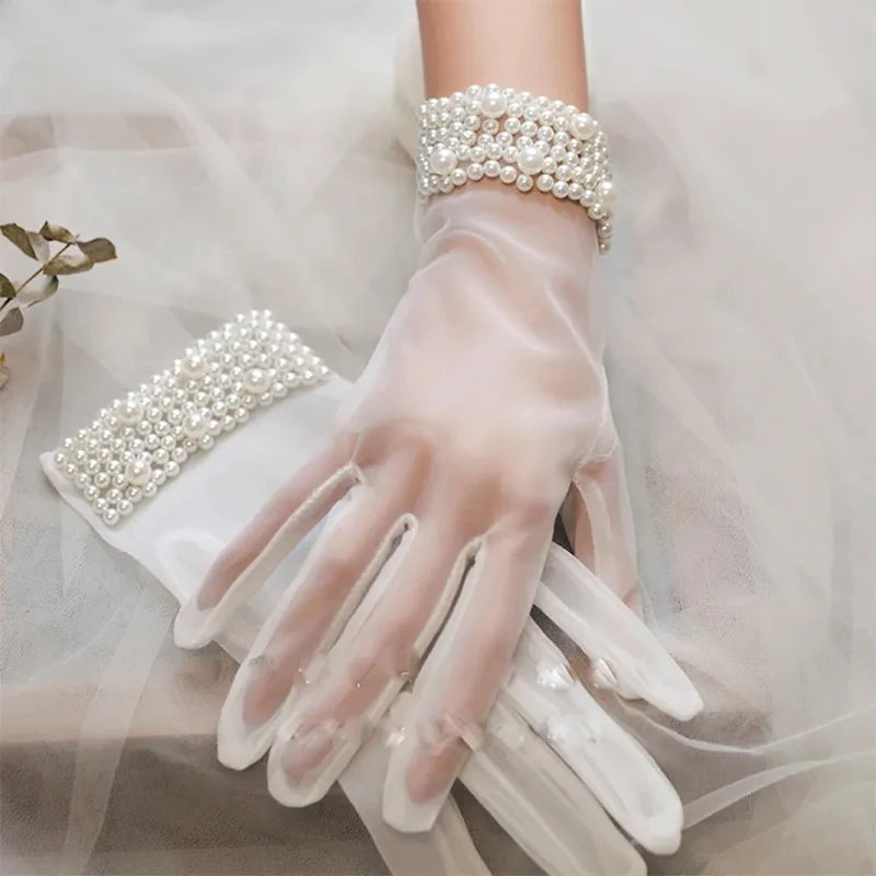 Bridal pearl retro wedding gloves versatile wedding dress party accessories aesthetical mesh short photo accessories ST-0007-A