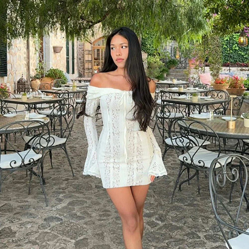 Suninheart White Off The Shoulder Bodycon Dress 2024 New in Flare Sleeve Elegant Lace Maxi Dress Wedding Guest Dress for Women