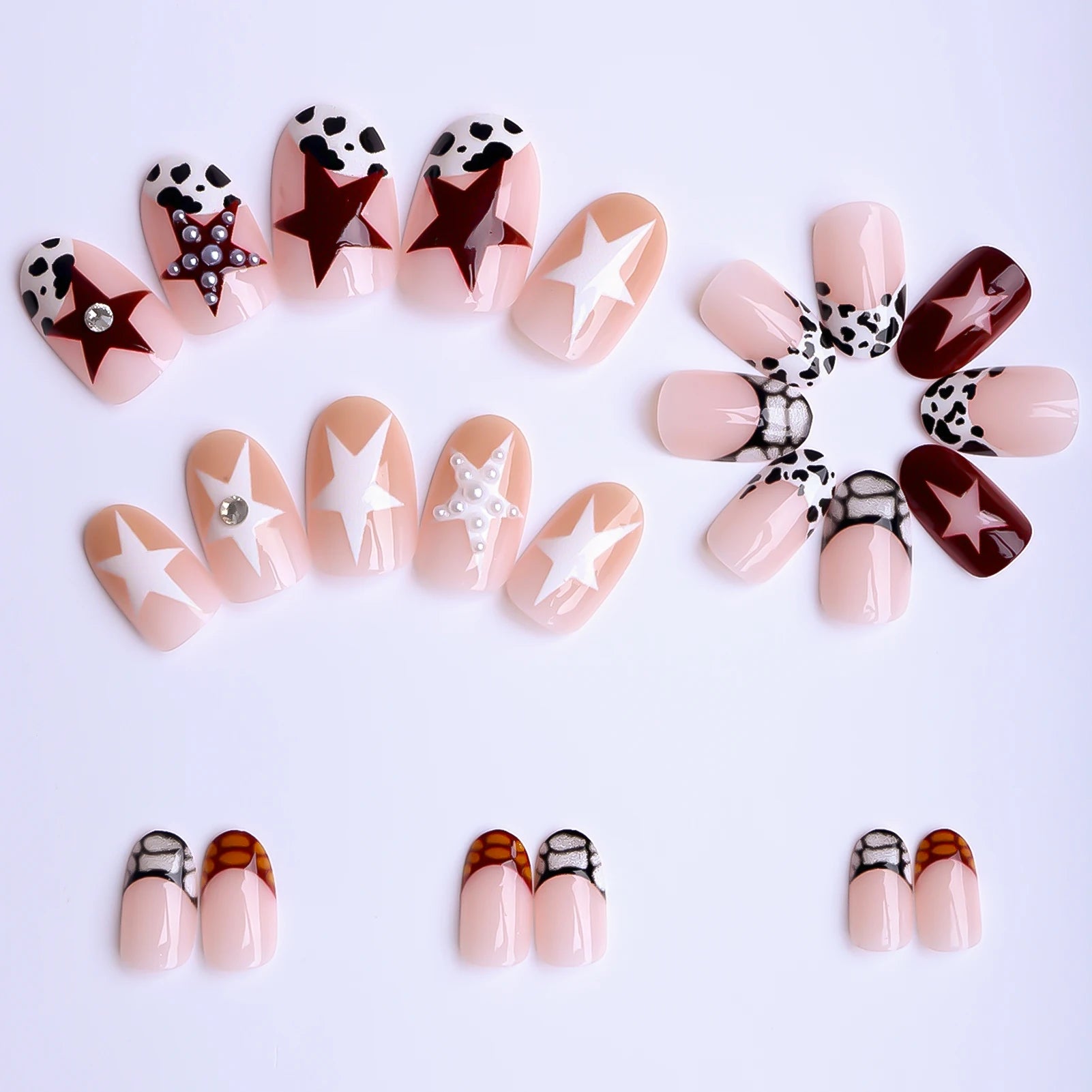24Pcs Short Oval Shaped Press On Nails, Y2K Girls French Fake Nails Star Printed, Full Cover Wearable False Nails Pearls Decor