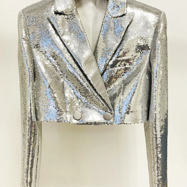 HIGH STREET Newest Stylish Designer Suit Set Women's Glitter Seqeuined Crop Short Jacket Skirt Suit 2pcs