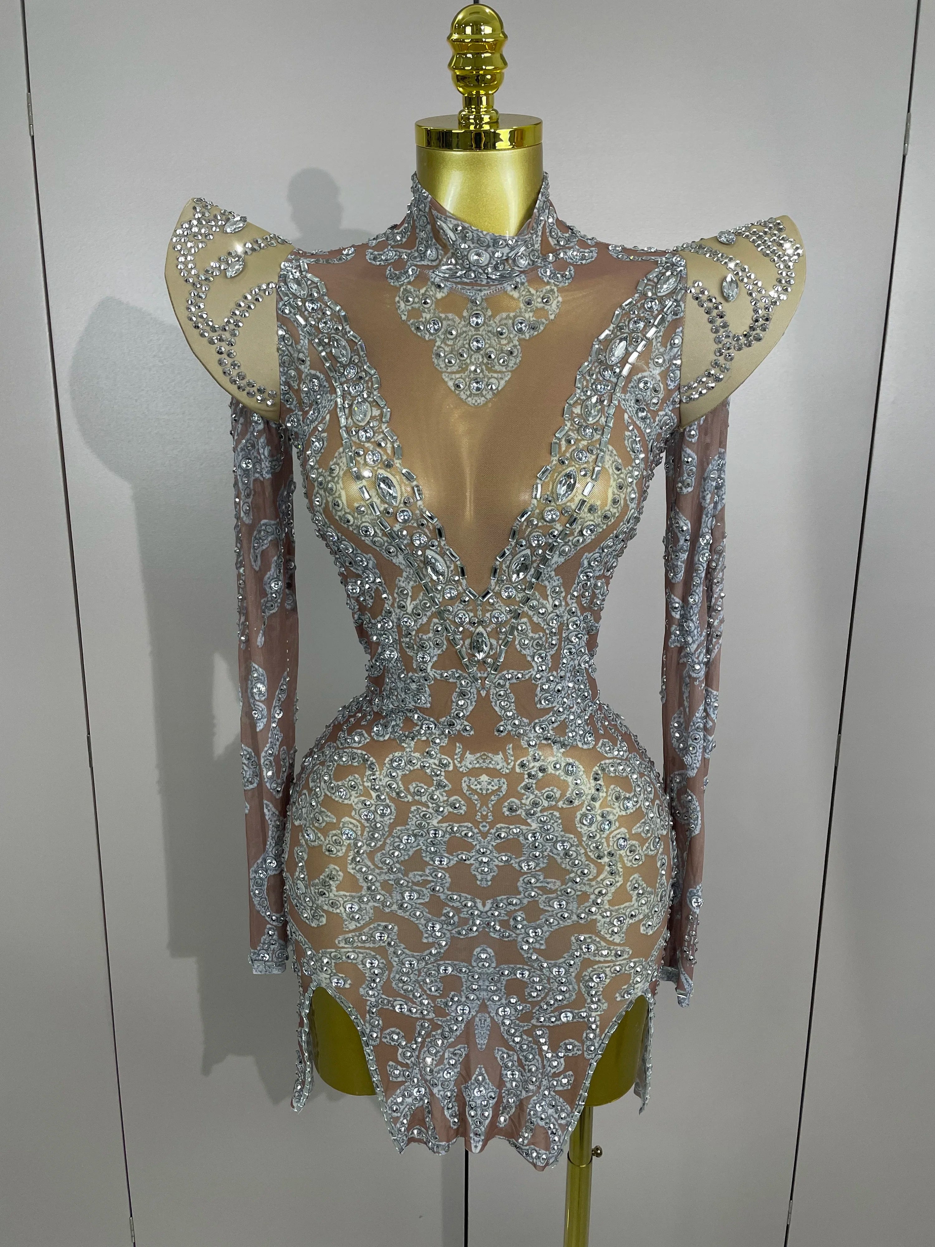 Sexy Singer Stage Drag Queen Costume 2025 Women Shiny Rhinestones Transparent Short Dress Birthday Celebrate Photoshoot Dress