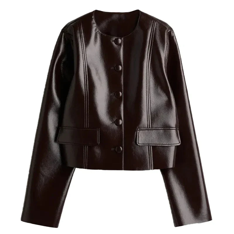 PU Leather Jackets Short Skirt Sets Women Single-Breasted Jacket Suits With High Waisted Mini Skirts Lady High Street Outfits round neck