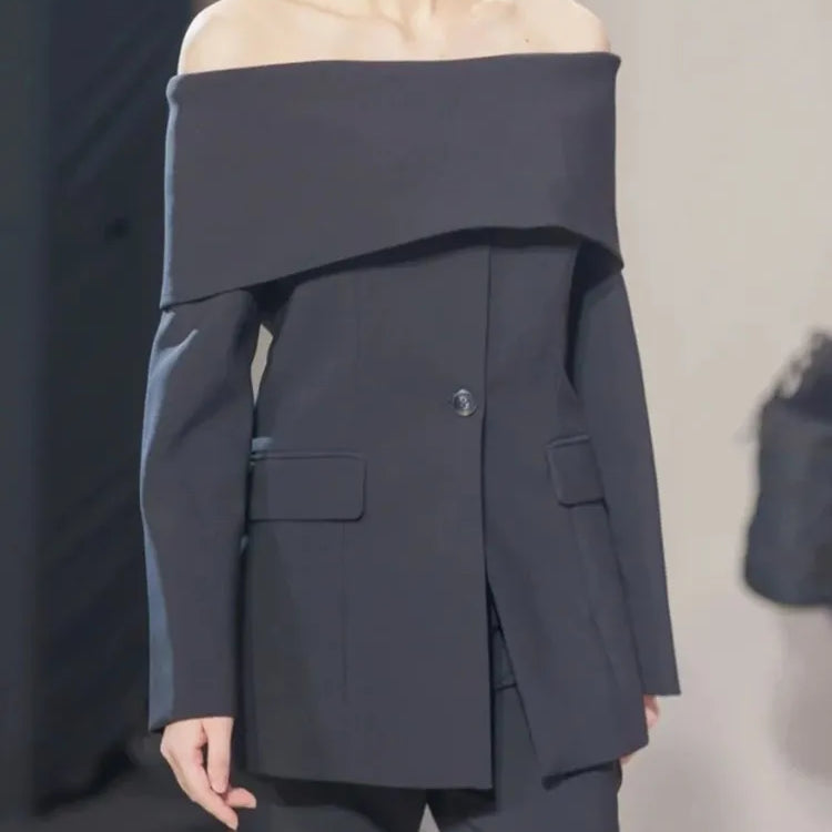 TWOTWINSTYLE Solid Temperament Blazers For Women Slash Neck Long Sleeve Patchwork Pocket Minimalist Slim Blazer Female Fashion