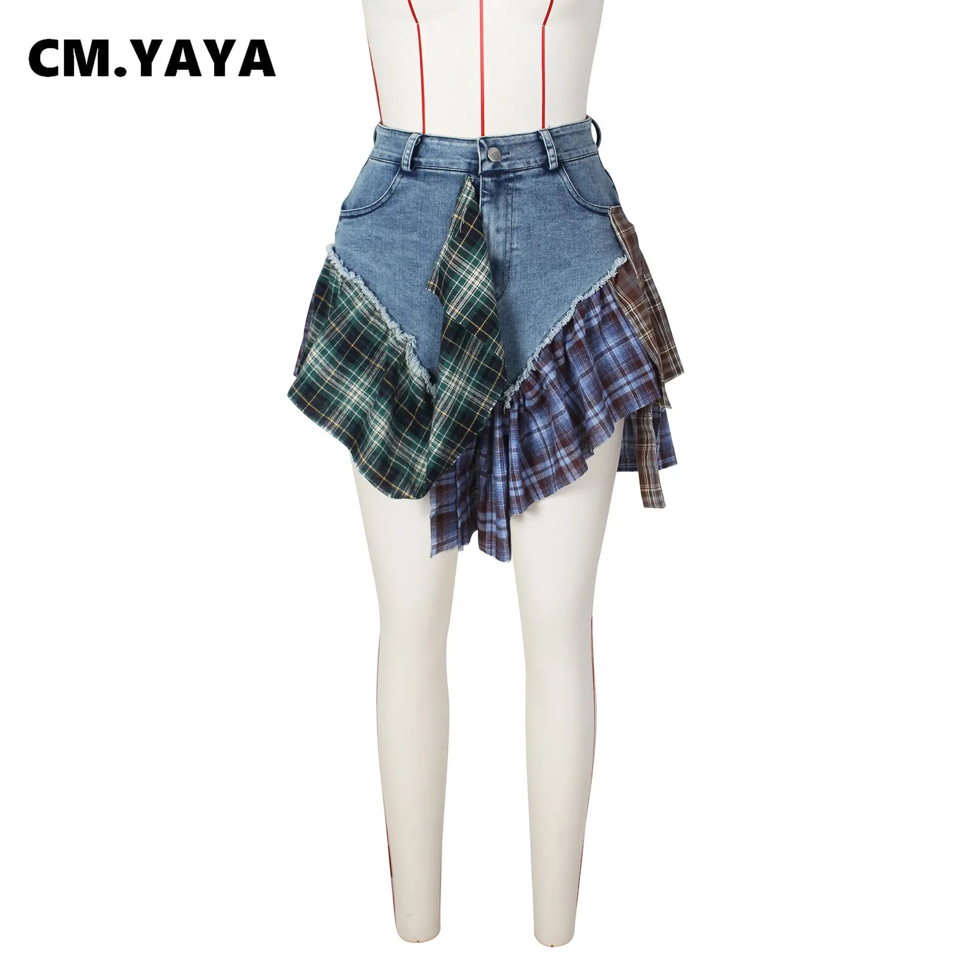 CM.YAYA Women Fashion Plaid Denim Patchwork Streamer Irregular A-line Mini Skirt 2023 Street Female Classic Jeans Cargo Skirts