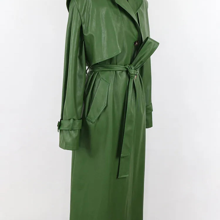 Nerazzurri Autumn Long Cool Green Pu Leather Trench Coat for Women Sashes Single Breasted Stylish Luxury Designer Clothes 2022
