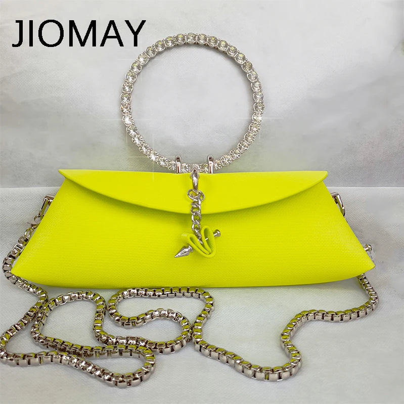 Clutch Bag Luxury Designer Handbag for Women with Chain Metal Ring Handle PU Leather Rhinestones Purses Shoulder Bag Light yellow