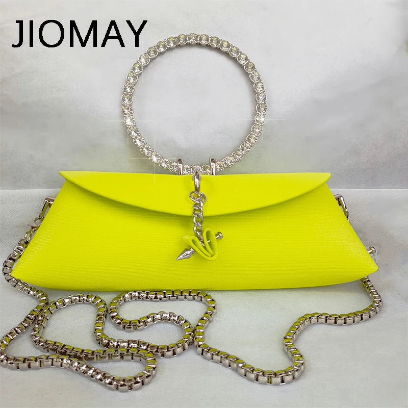 Clutch Bag Luxury Designer Handbag for Women with Chain Metal Ring Handle PU Leather Rhinestones Purses Shoulder Bag Light yellow