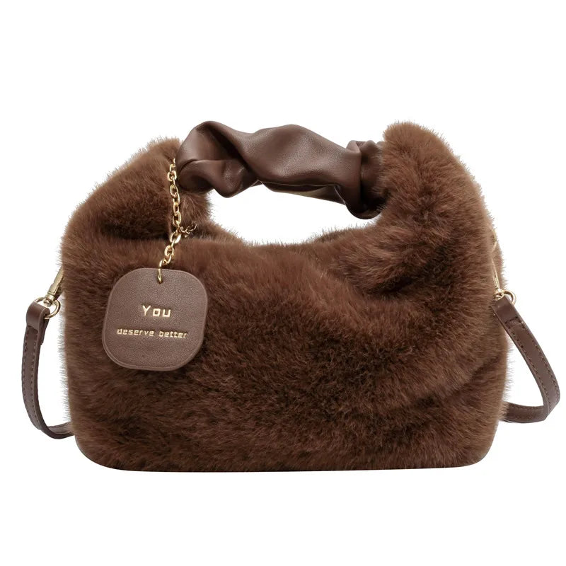 Women Faux Fur Handbags Zipper Small Lady Shoulder Crossbody Bag Casual Tote Half-Moon Hobos Winder A style dark coffee