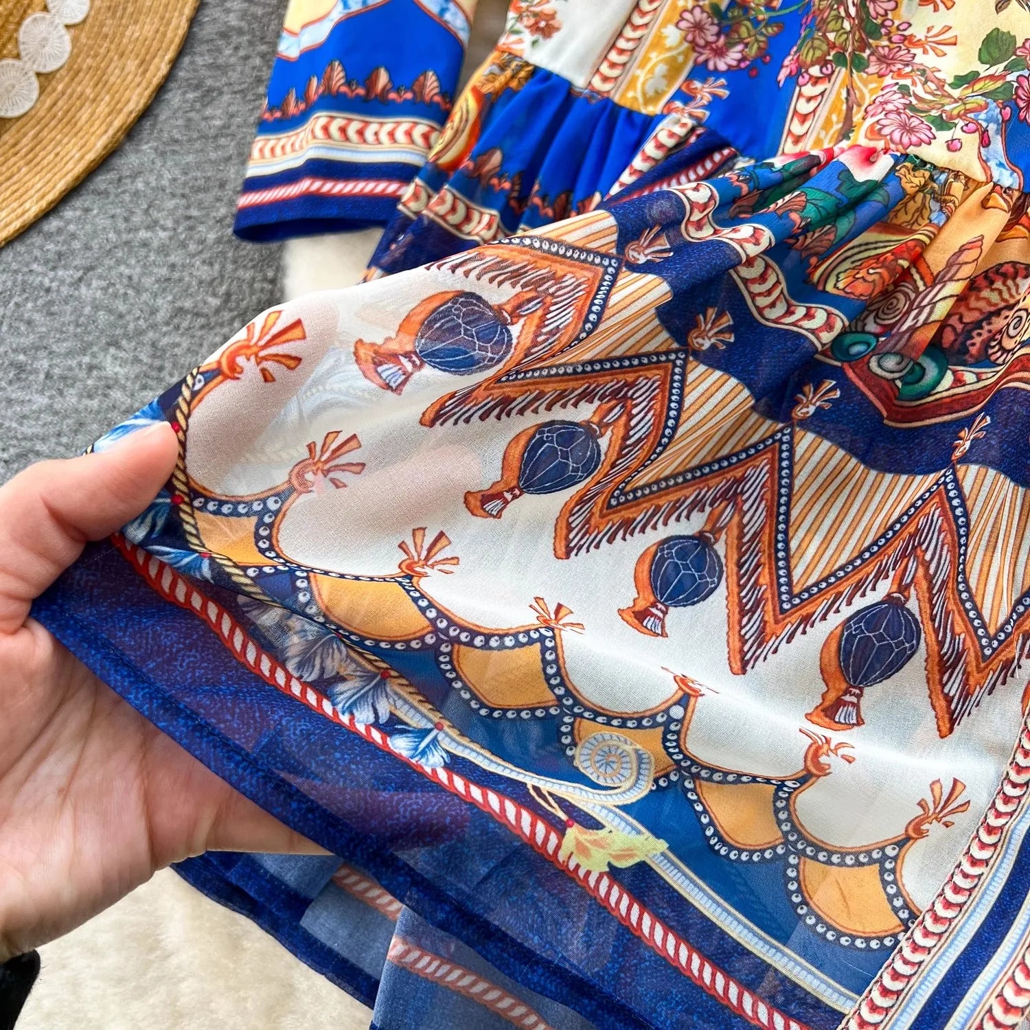 Summer Gorgeous Holiday Beach Mini Dress Women's Stand Long Lantern Sleeve Vintage Print Belt Lace Up Chiffon Loose Vestido 6259