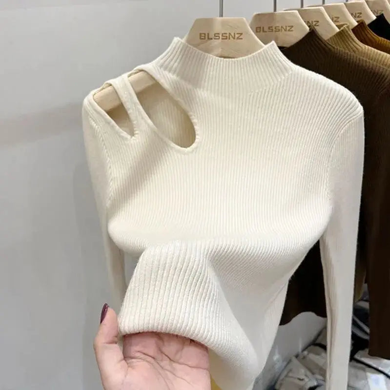 Turtleneck Knitted Women Sweater Ribbed Pullovers Autumn Winter Basic Women Sweaters Fit Soft Warm Tops Beige One Size