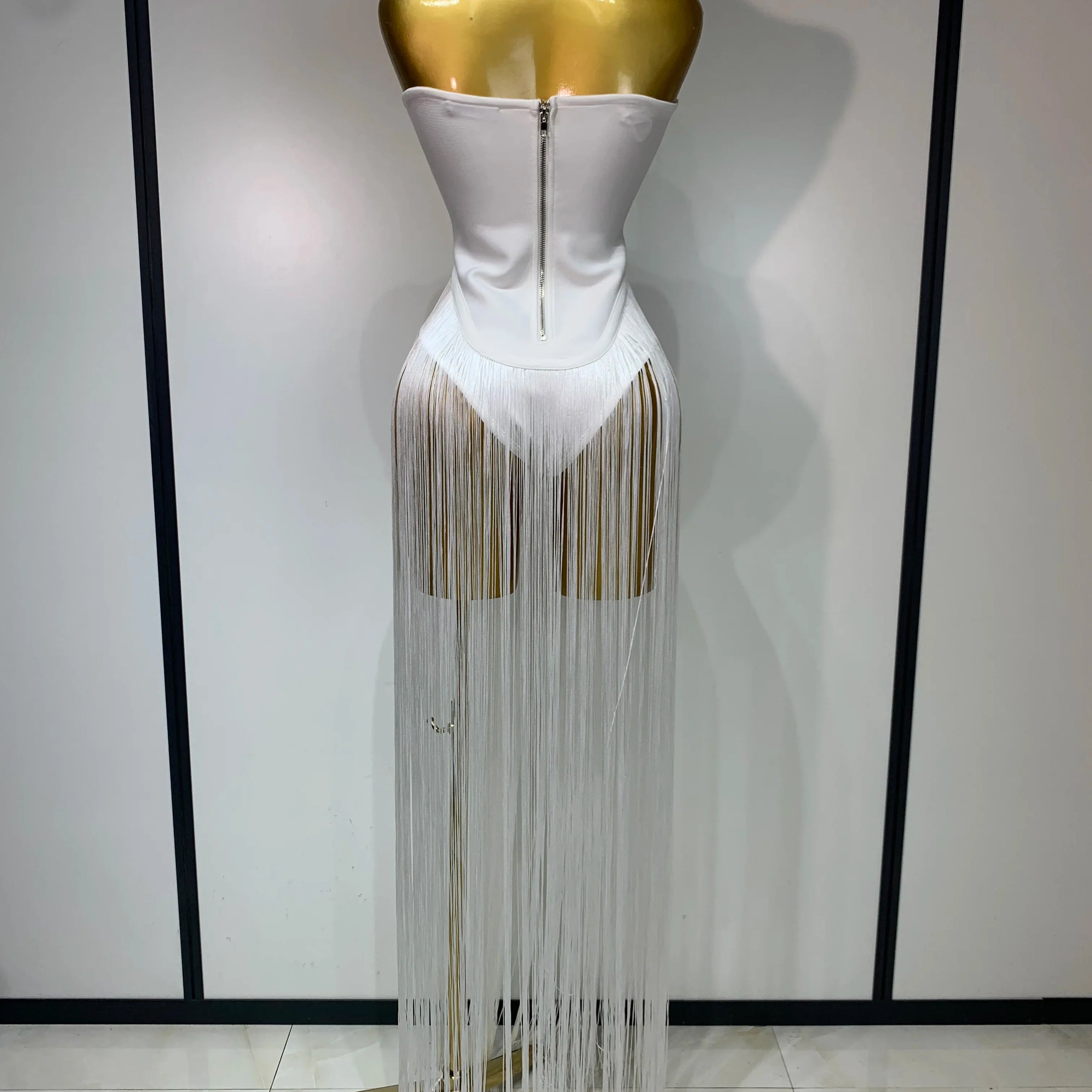 Women Sexy White Elegant Strapless Long Tassels Bandage Bodysuit Evening Party Luxury Birthdy Nightclub Singer Stage Outfit