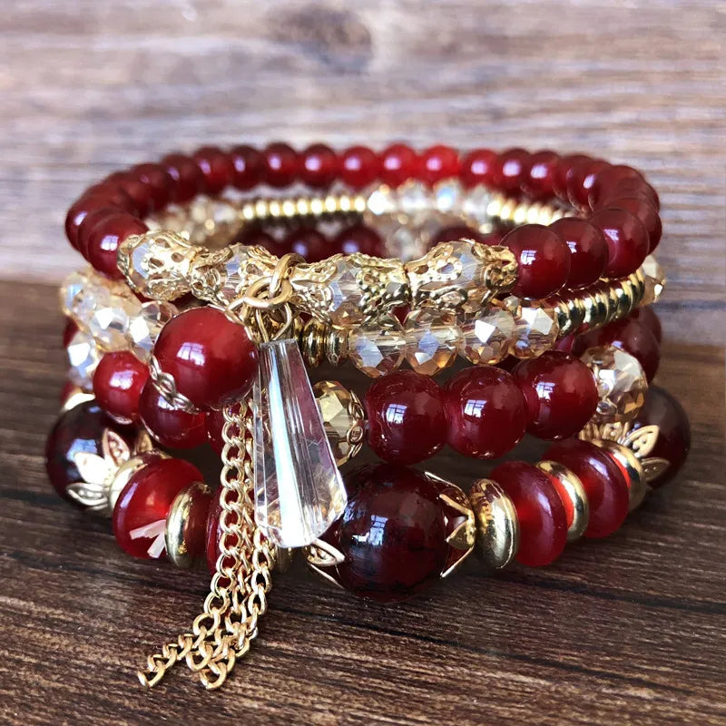 Bohemian Multicolor Crystal Beads Bracelets for Women Girls Boho Ethnic Tassel Elastic Rope Handmde Wrap Bracelet Pulseira Femi BR18Y0489-3