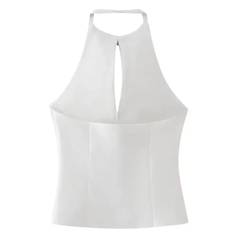 HH TRAF Summer Sexy Halter Tops Woman Fashion Solid O-Neck Sleeveless Hollow Out Backless Bow Decoration Female Elegant Slim Top