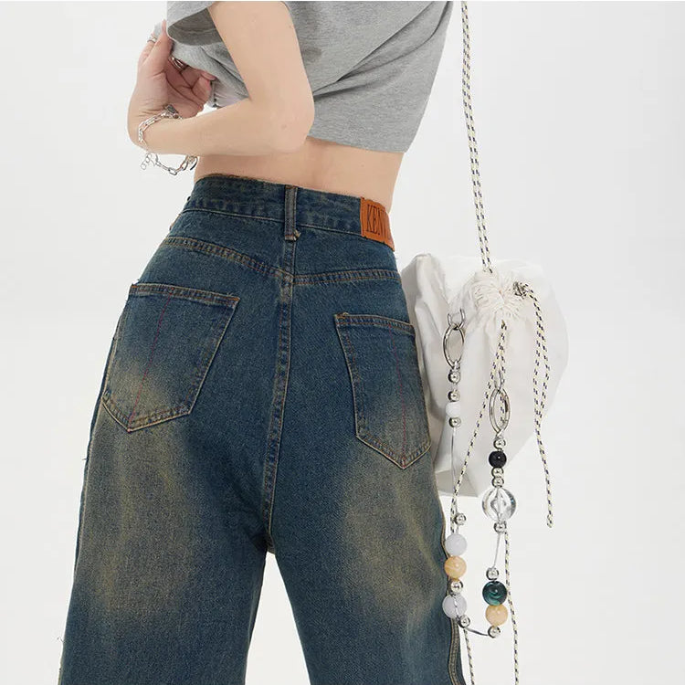 Korean Style Women's Vintage High Waist Streetwear Style Blue Jeans Pants Wide Leg Baggy Y2K Baggy Female Denim Trouser