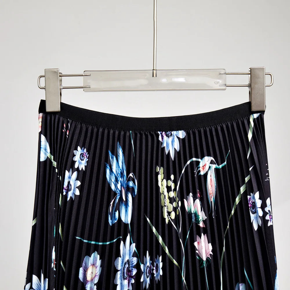 Spring Autumn Runway 2 Pieces Sets Women's Turtleneck Flower Print Stretch Pullover Top＋Long Pleated Skirt Suit Female Outfits