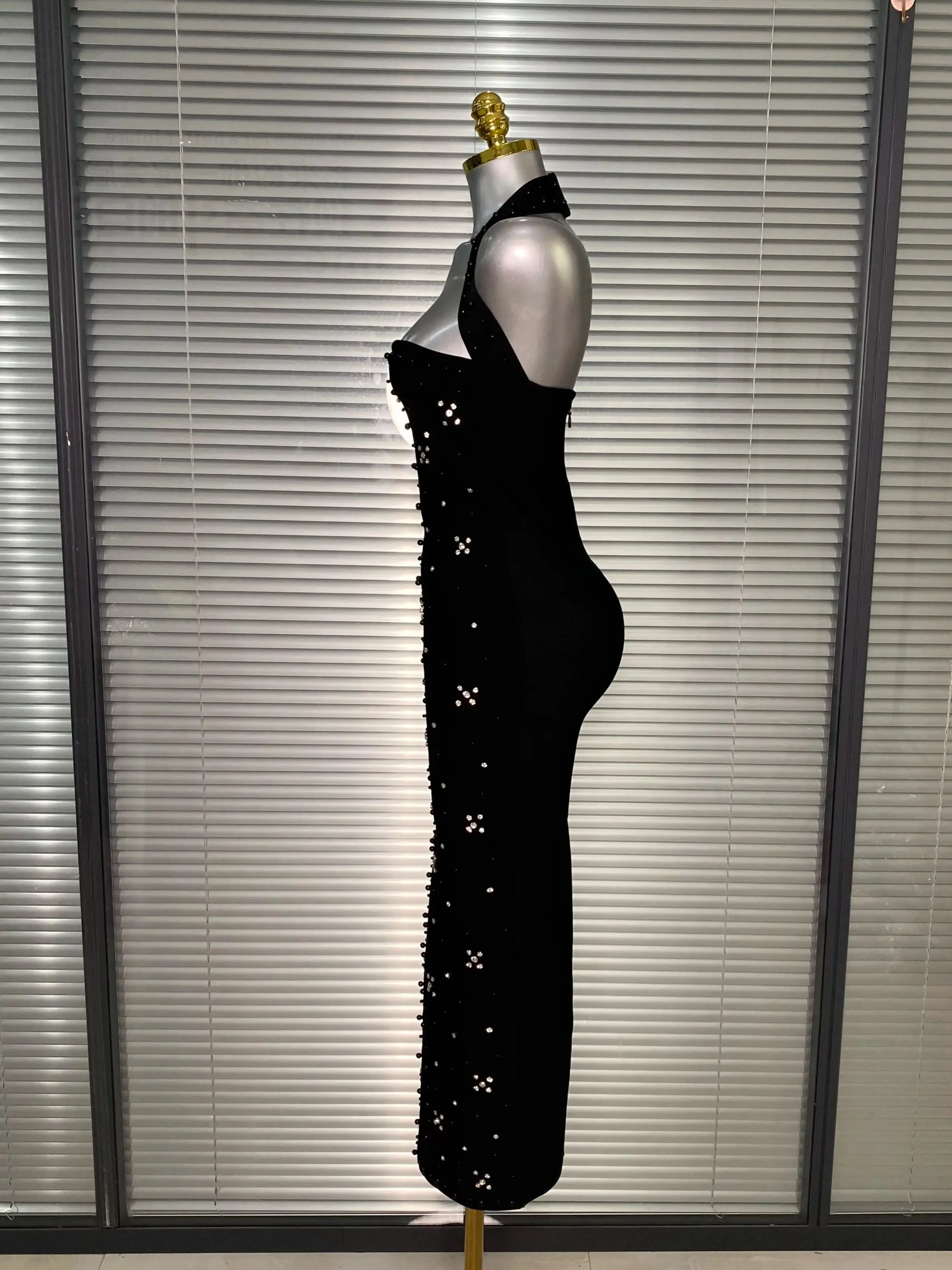 Summer New 2025 Women Black Halter Long Bodycon Bandage Dress Crystal Beaded Backless Evening Party Dress Vestido