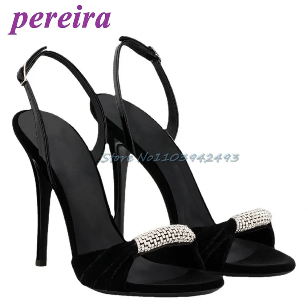 Red Rhinestones Velvet Heeled Sandals Shallow Back Strap High Heels Slip On Women Luxury Designer Shoes 2025 Open Toe Zapatos