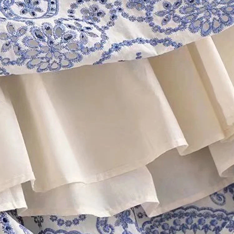 TRAF Women Fashion Cutwork Embroidery Smocked Midi Dress Vintage Backless Ruffled Straps Female Dresses Vestidos Mujer