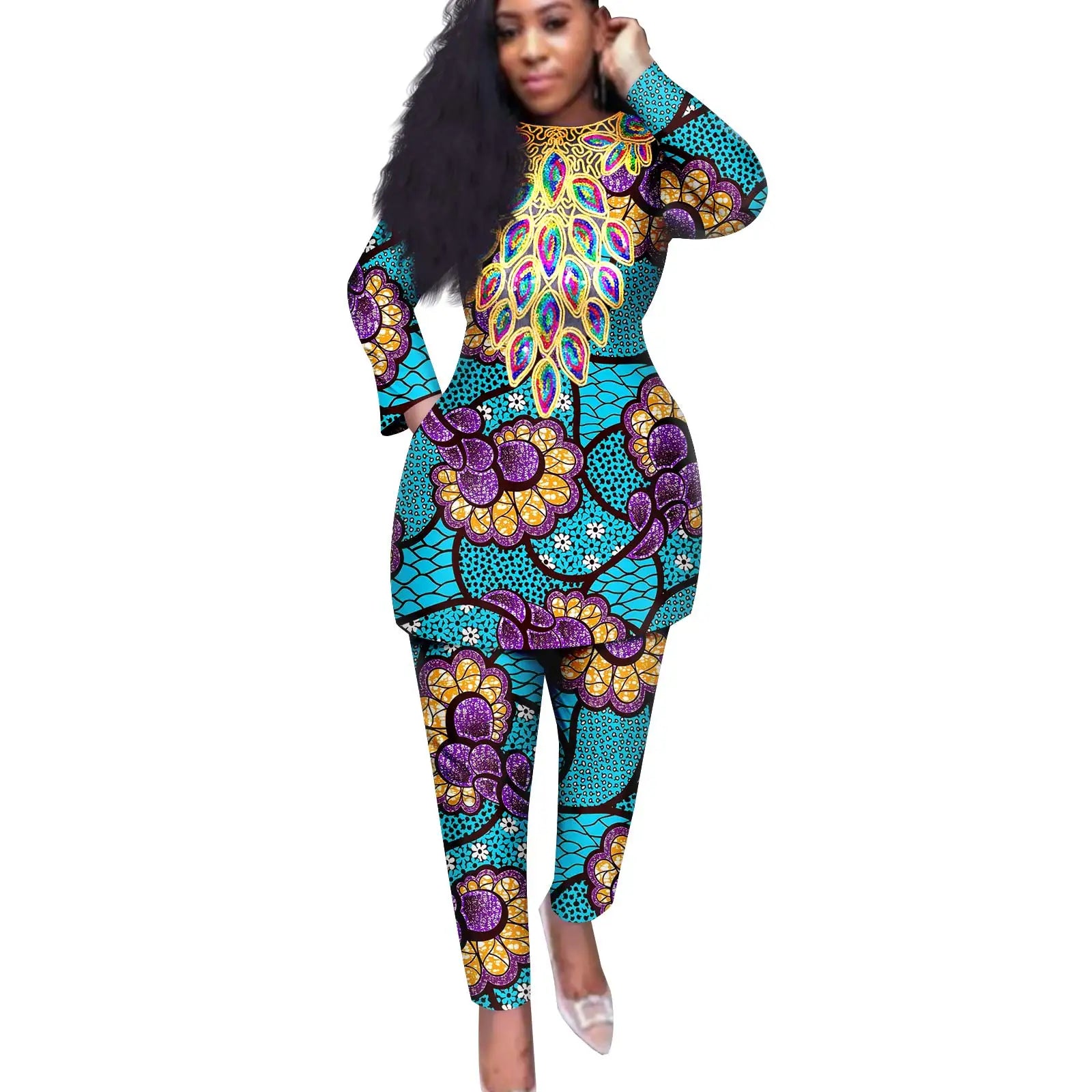 African American Women's Printed Fabric Top with Pants, Dazzling Stamping Set, Long Sleeve, Plus Size, Fashion, A2226026