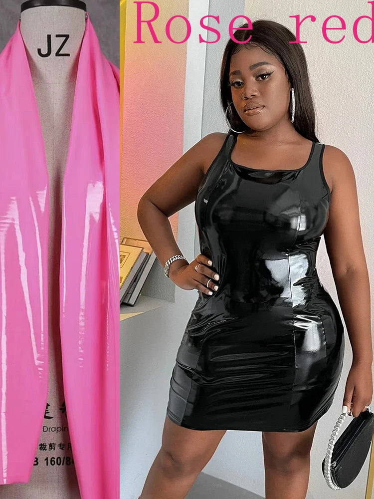 Summer Sleeveless Faux Latex Dress Women Plus Size Sexy PVC Leather Mini Dress Square Collar Ladies Bodycon Pu Dress 6XL 7XL Rose red