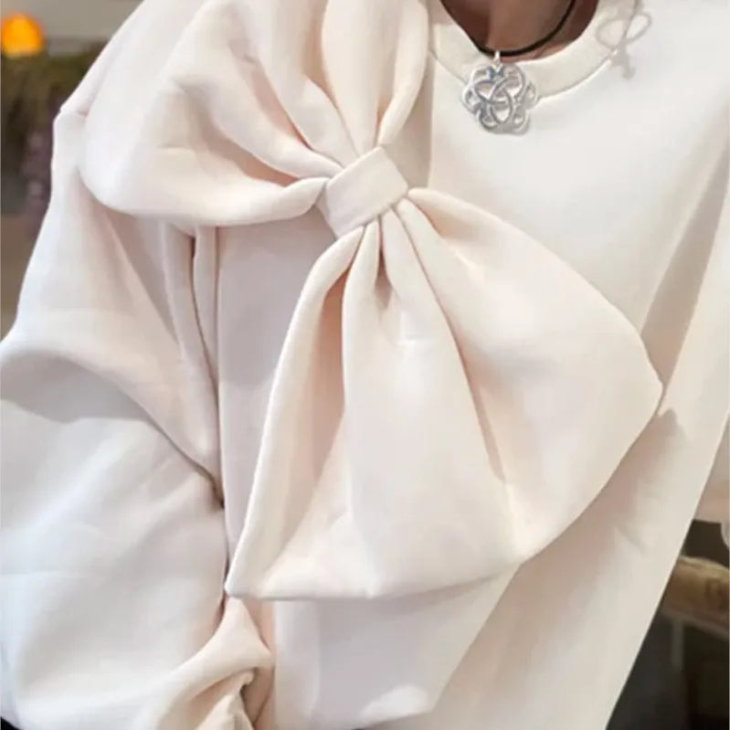 Bow O Neck Women Pullover Long Sleeve Solid Loose Female Tops Spring Fashion Casual All Match Lady Blouses white