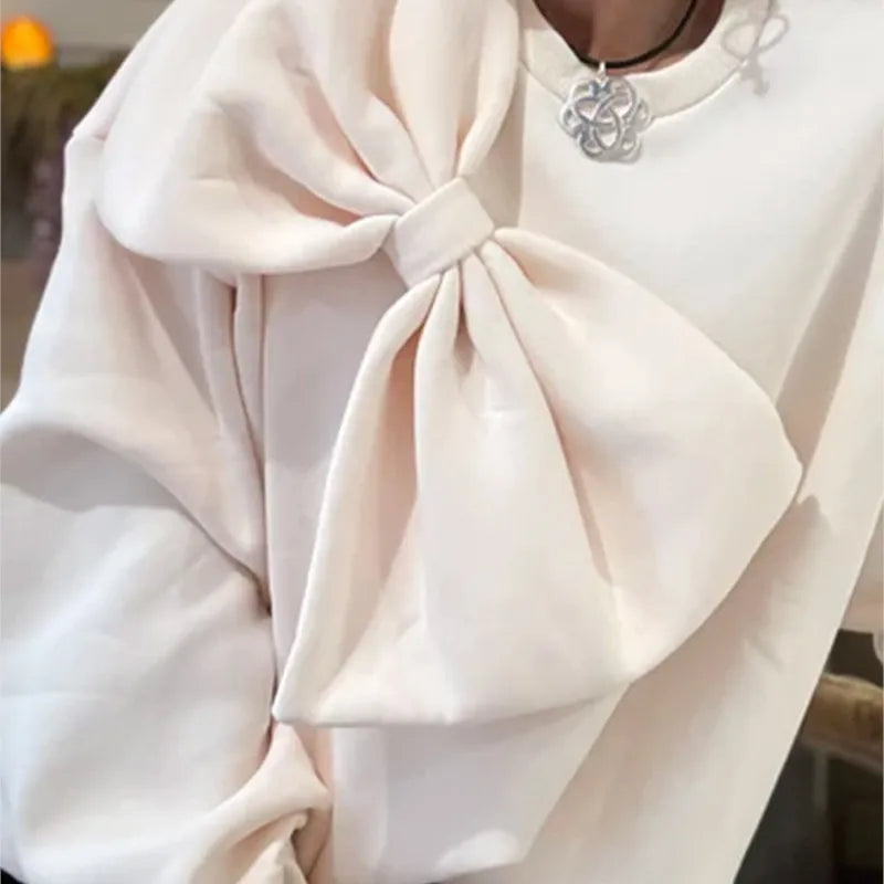 Bow O Neck Women Pullover Long Sleeve Solid Loose Female Tops Spring Fashion Casual All Match Lady Blouses white