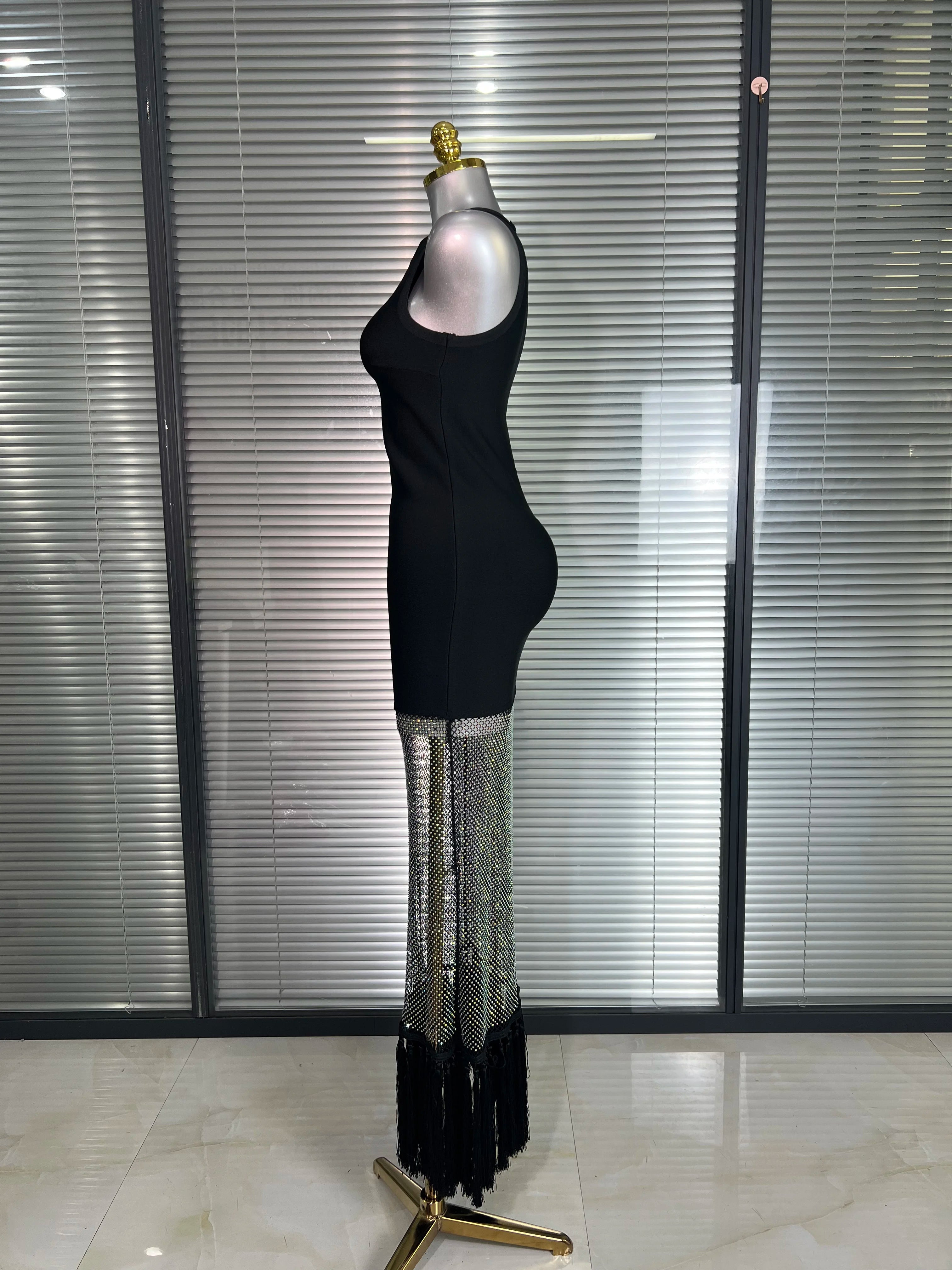 Summer New 2025 Women Black Tank Long Bodycon Bandage Dress Sparkly Shining Evening Party Dress Vestido