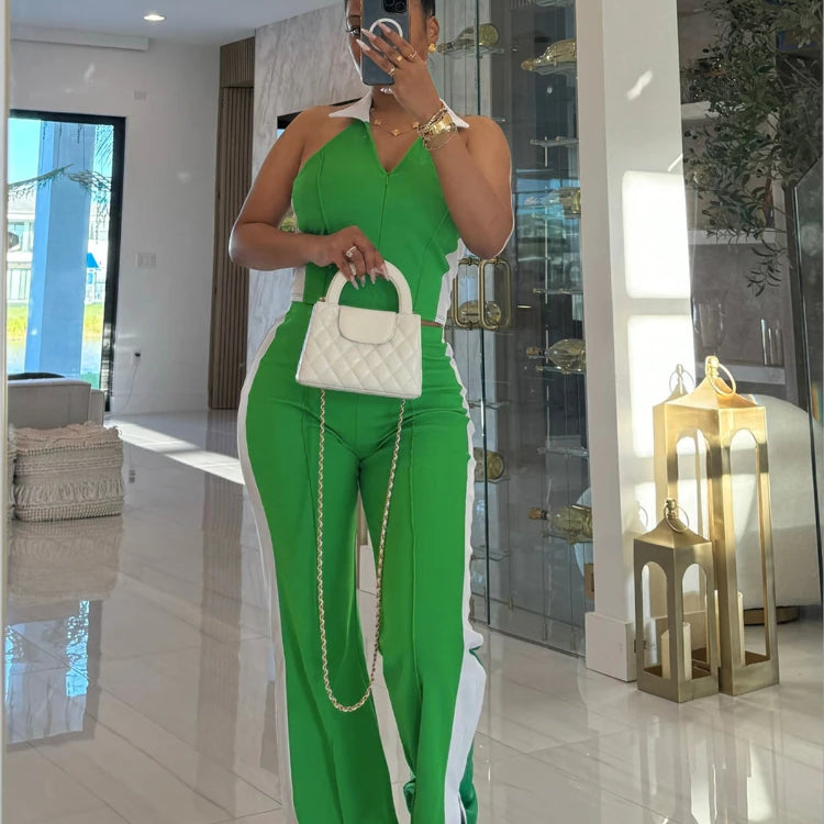 CM.YAYA Sporty Patchwork Women's Set Sleeveless Polo-tank Tops and Slit Flare Pants 2025 Active Two 2 Piece Set Outfit Tracksuit
