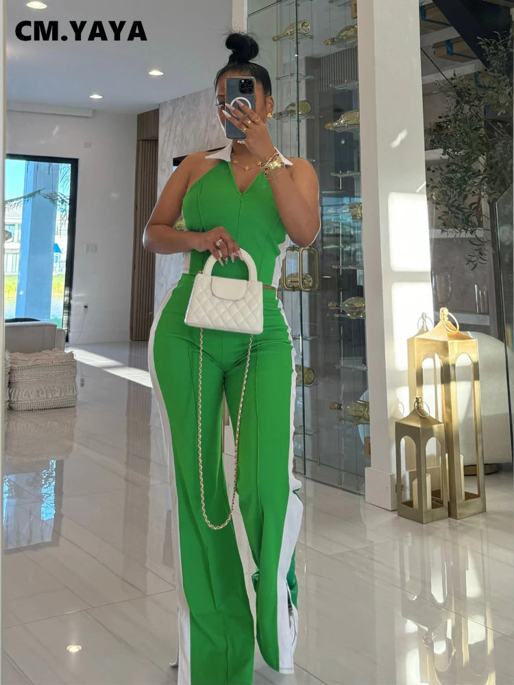 CM.YAYA Sporty Patchwork Women's Set Sleeveless Polo-tank Tops and Slit Flare Pants 2025 Active Two 2 Piece Set Outfit Tracksuit