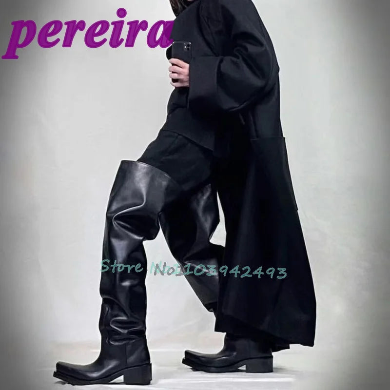 Black Wide Fit Boots Square Toe Botas Over-the-knee Man Women Autumn Winter Fashion Street Style Shoes Luxury Designer Booties