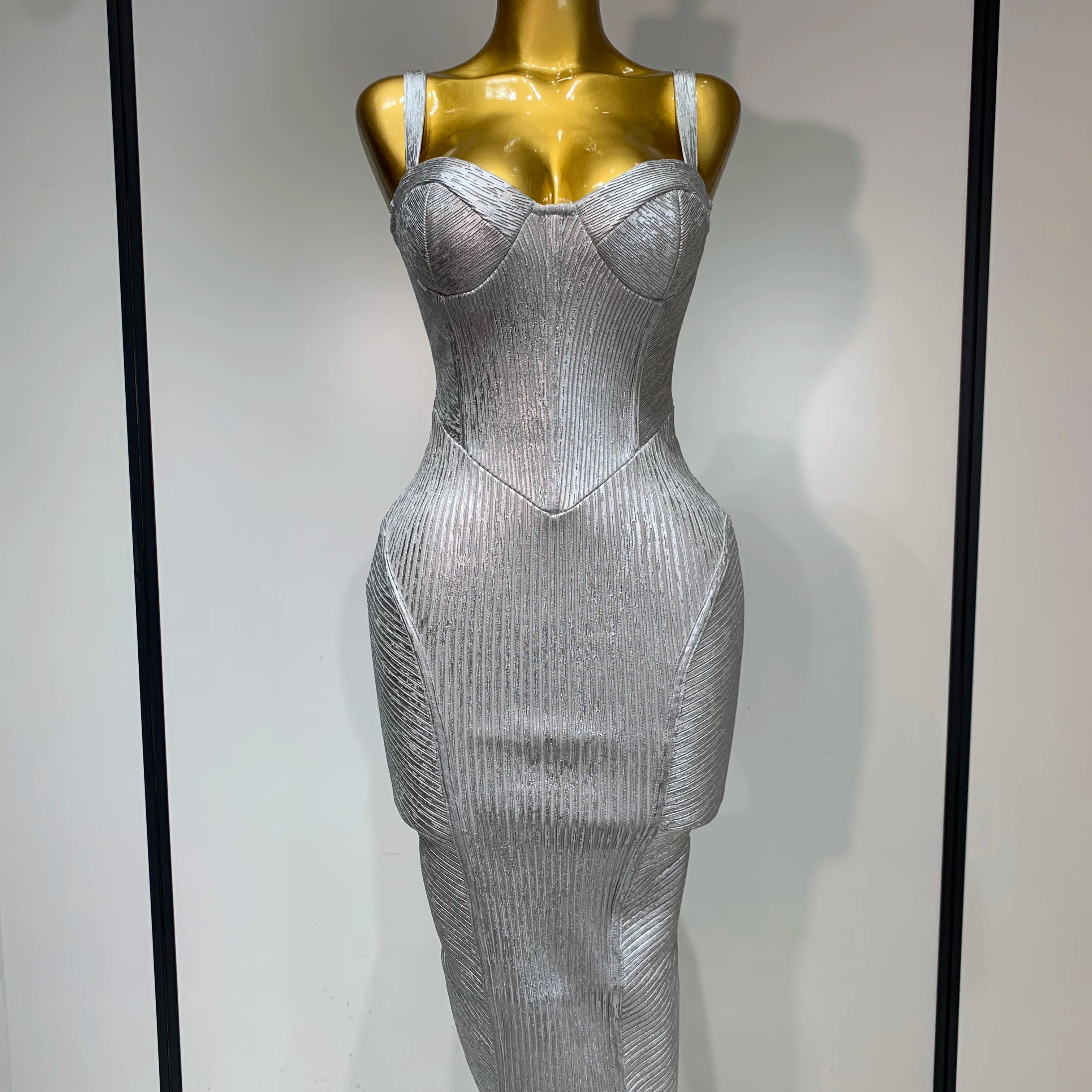 Women Sleeveless Sexy Silver V Neck Bodycon Midi Bandage Dress Celebrate Nightclub Party Birthday Dress Wedding Guest Dress