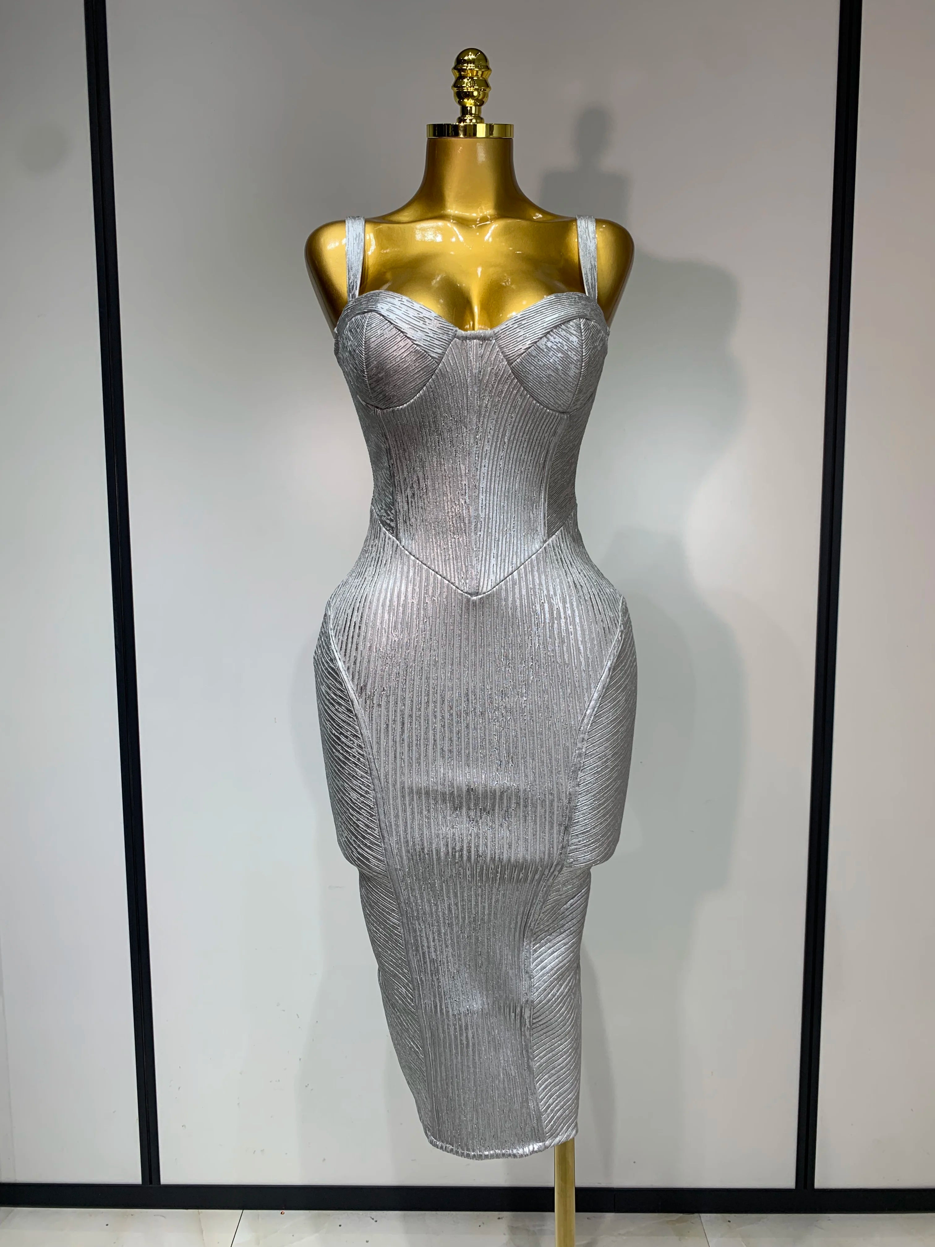 Women Sleeveless Sexy Silver V Neck Bodycon Midi Bandage Dress Celebrate Nightclub Party Birthday Dress Wedding Guest Dress