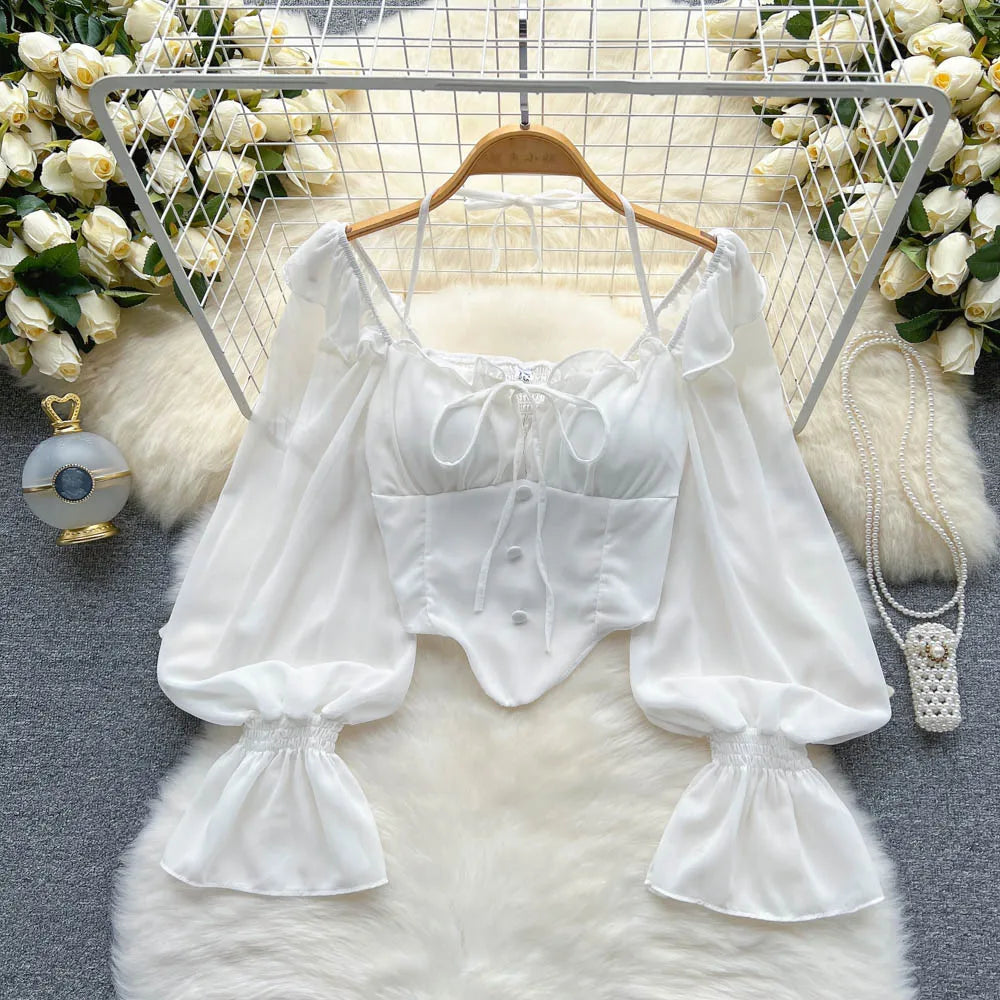 Flare Sleeve Women Tops Ruffle Solid Elastic Waist Halter Backless Chiffon Slim Ladies Harajuku Sexy Short Blouse white One Size