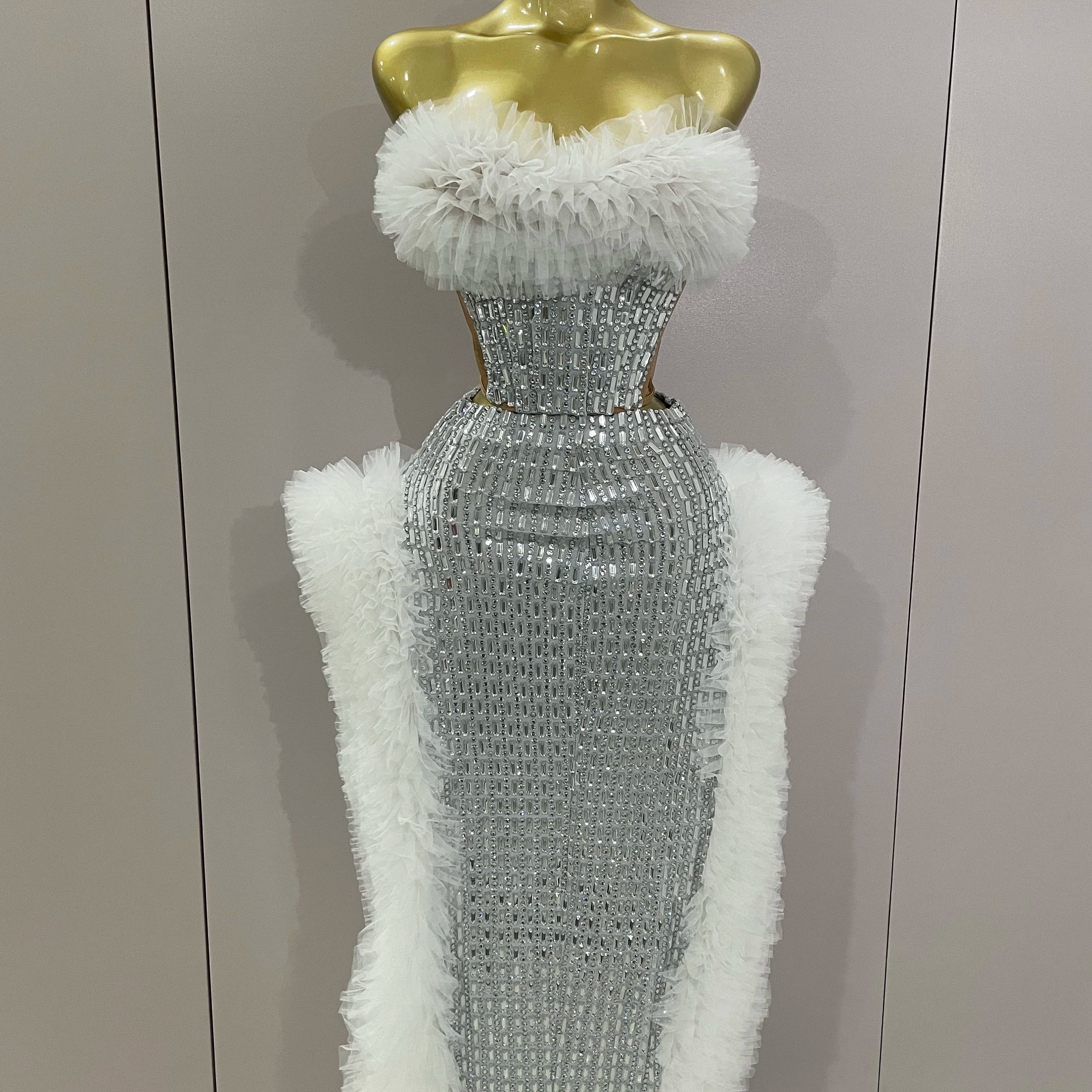 Sparkly Rhinestone Sexy Strapless Tops Skirt 2 PCS Set 2025 Women Celebrate Evening Prom Birthday Dress Nightclub Stage Outfit