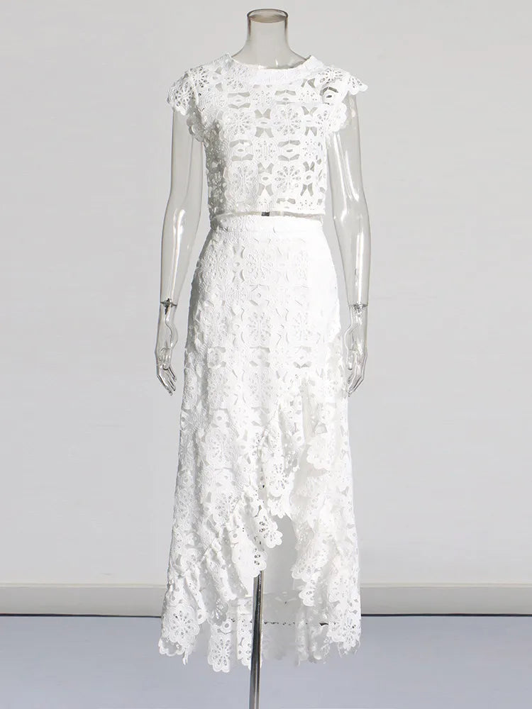 Hollow Out Embroidery Two Piece Set For Women Round Neck Sleeveless Top High Waist Split Skirts Elegant Sets Female