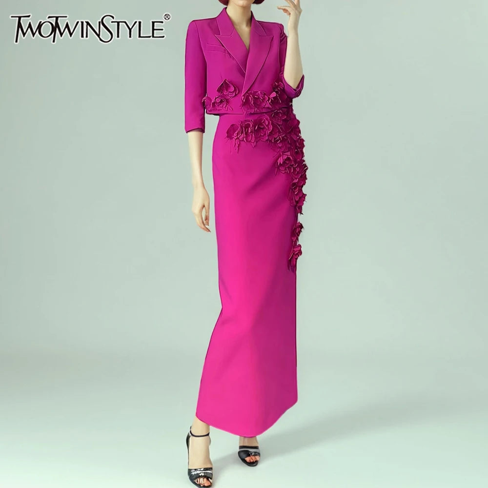 TWOTWINSTYLE Solid Slimming Spliced 3D Flower Two Piece Sets for Women Lapel Half Sleeves Short Top High Waist Skirt Set Female