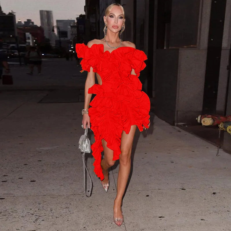 CM.YAYA Women Edible Tree Fungus Tierred High Low Asymmetrical Ball Gown Dress 2023 Sexy Club Party Evening High Street Dresses