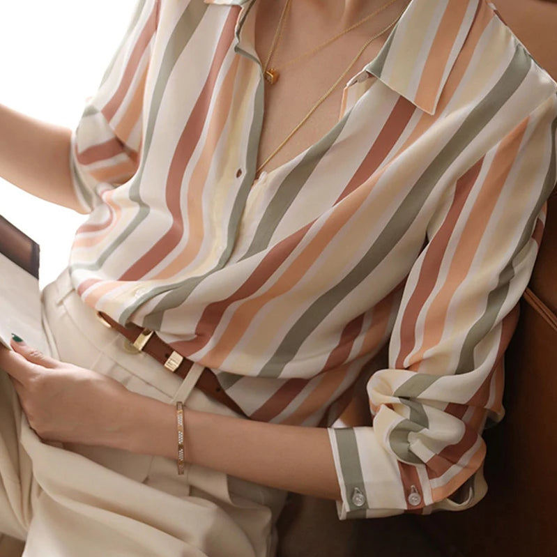 Stripe Women Shirt Satin Vintage Shirt for Women Autumn Clothes Korean Fashion Shirts and Blouses Basic Elegant Womens Tops Picture color