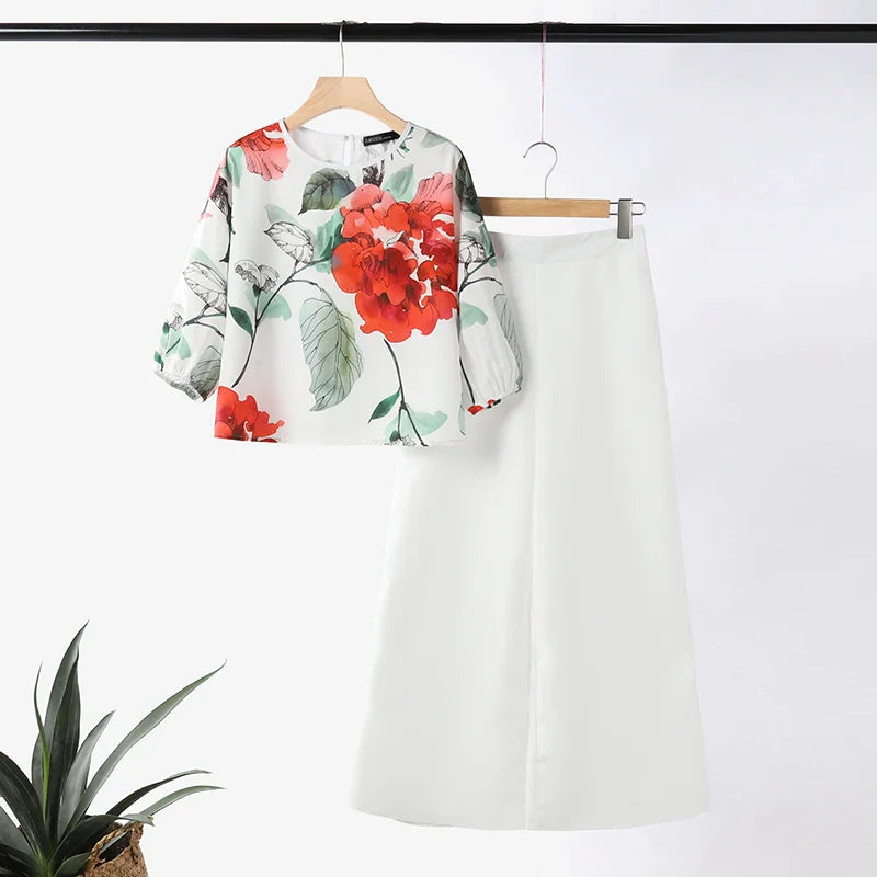 Fashion Trousers Suit Women 3/4 Sleeve Blouse Wide Leg Pant Sets Summer Matching Sets ZANZEA 2PCS Casual Printed Tracksuits WHITE