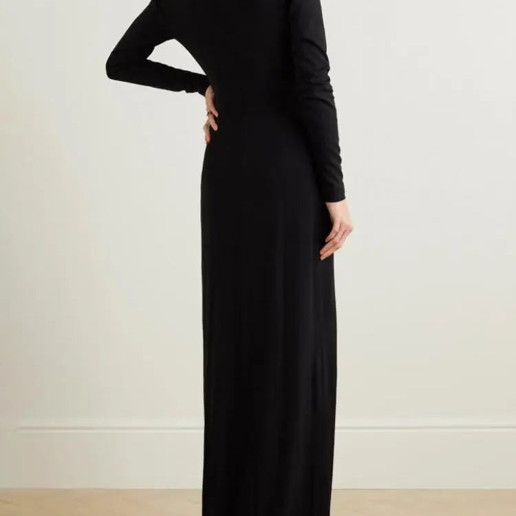 Freeacy Women's Dress Solid Black Deep V-neck Long Sleeves Floor Length Evening Dresses Ladies Slim Fit Wrap Suit Dress