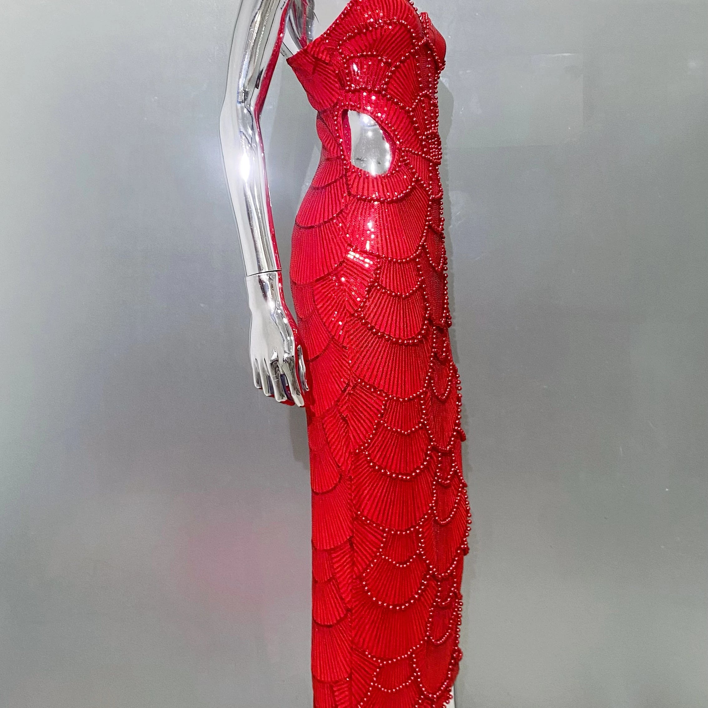 Red Color Women Sexy Strap Shinning Beading Sequins Bodycon Long Dress Celebrate Evening Party Cocktail Dress Wholesale