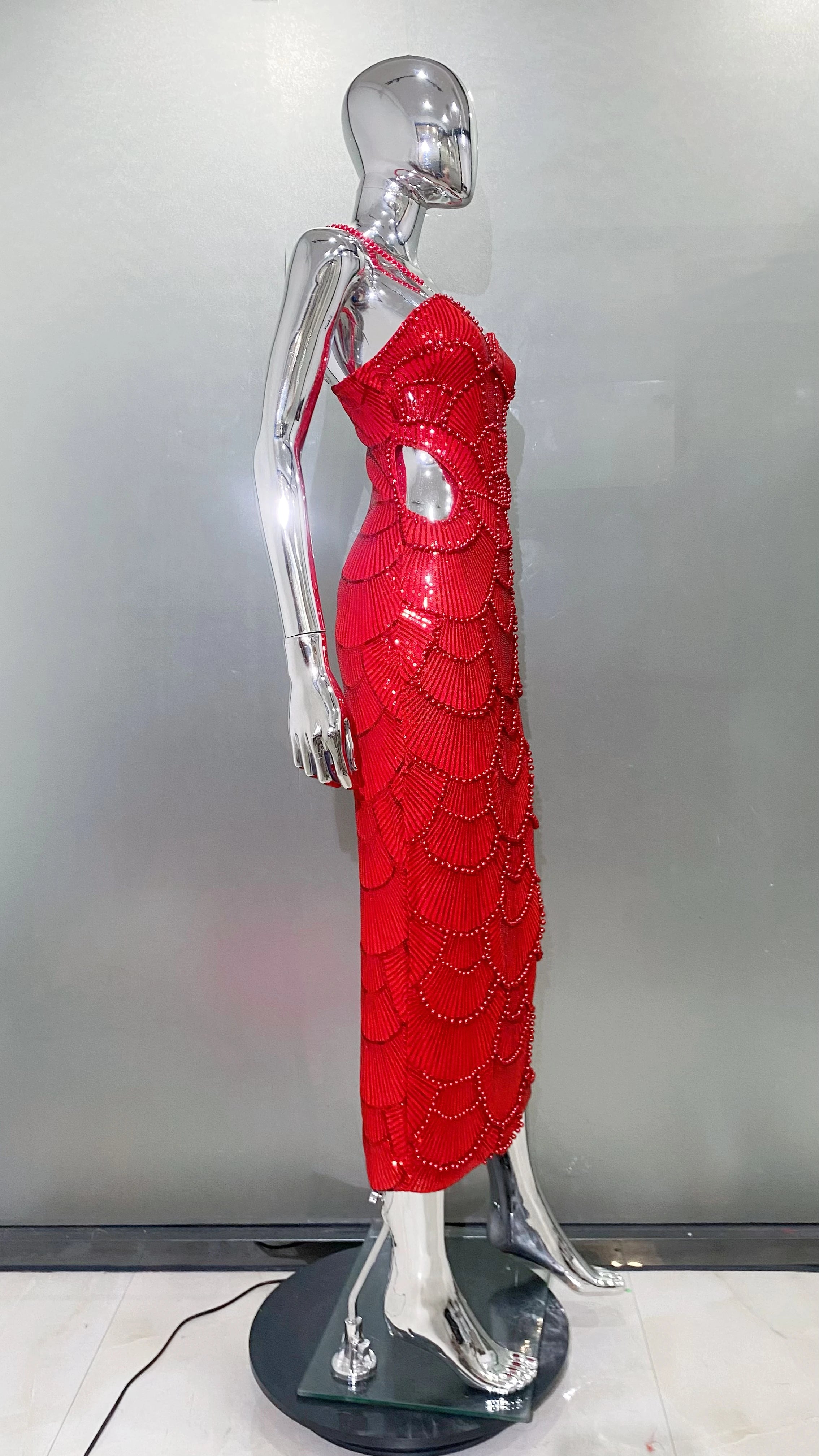 Red Color Women Sexy Strap Shinning Beading Sequins Bodycon Long Dress Celebrate Evening Party Cocktail Dress Wholesale