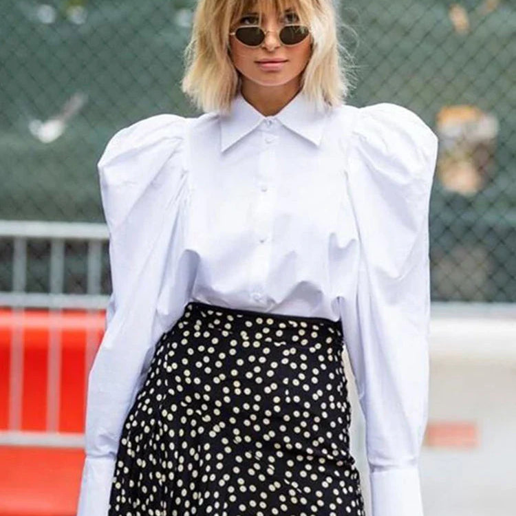 DEAT Fashion Women's Shirt Long Puff Sleeves Lapel Single Breasted White Cotton Straight Blouse Autumn New Tide 7AB1171