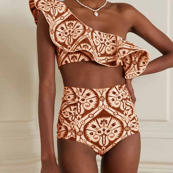 Women's Printed Ruffle Swimsuit Fashion One Shoulder Slash Breasted Bikini Two Piece High Waisted Tummy Tuck Beachwear 2023 New Yellow