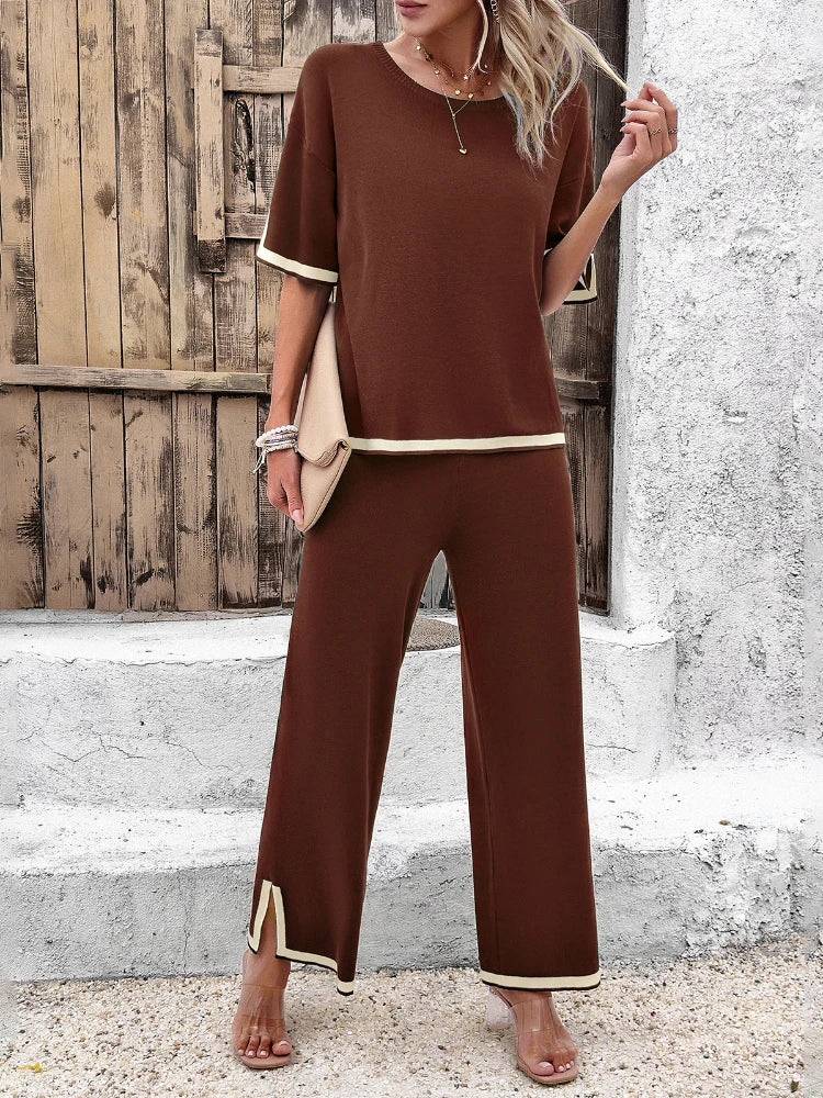 New in 2 Piece Set Summer Fashion Pantsuits Sets Solid Color Casual Elegant Korean Version Side Split Commuter Women's Clothing Brown