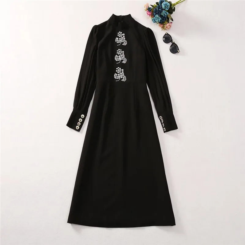 Solid Slimming Spliced Bead Dresses for Women High Neck Lantern Sleeves Temperament Long Dress Female Clothing New